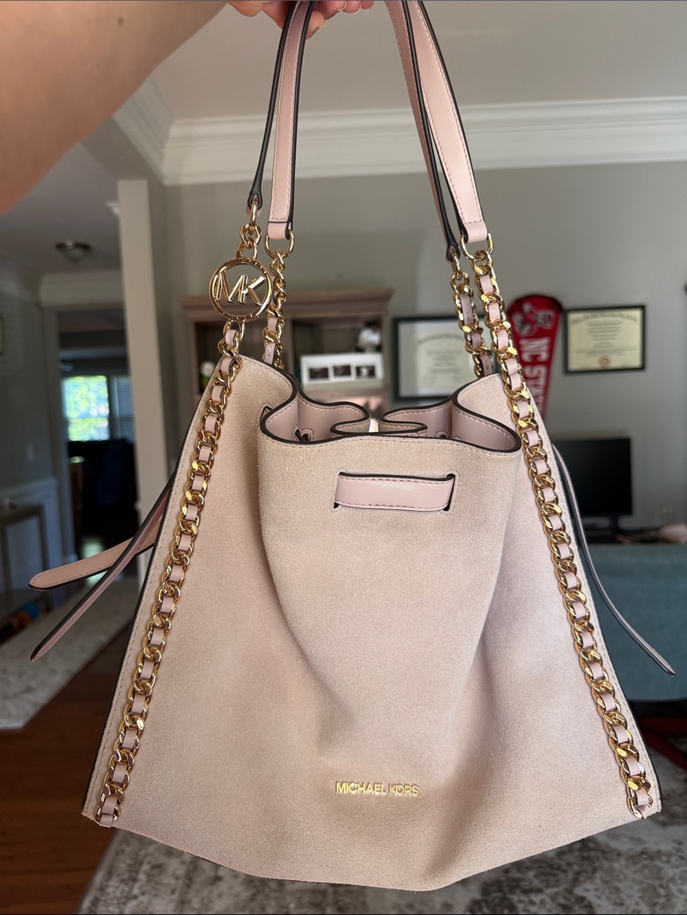 Michael Kors Mina Large Blush Pink Suede Chain Shoulder Bag with tag